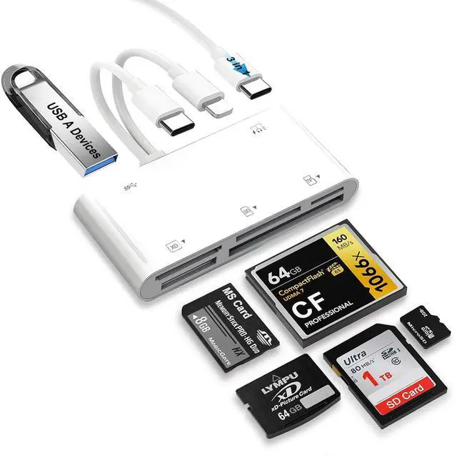 Main image of USB C & Lighting to SD Card Reader for iPhone/iPad/Android, 7-in-1 Memory Card Adapter Supporting SD/MicroSD/CF/MS/XD Cards, USB OTG Camera Adapter with Portable Design, Fast Charging & Plug and Play