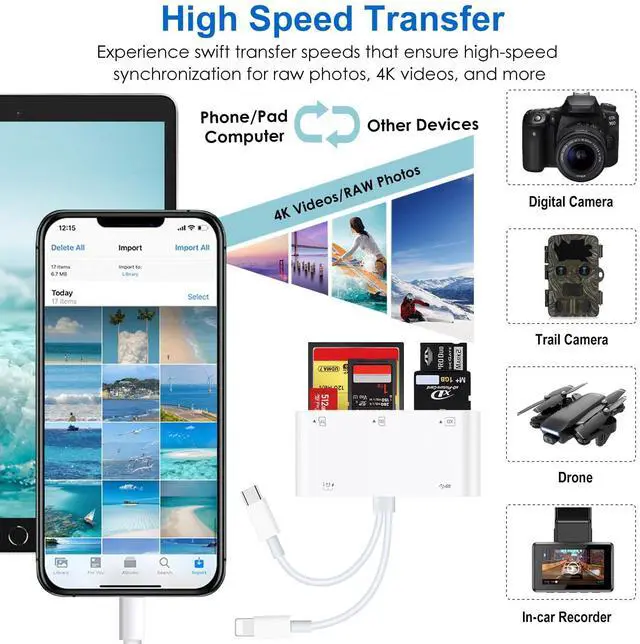 Alt view image 4 of 7 - USB C & Lighting to SD Card Reader for iPhone/iPad/Android, 7-in-1 Memory Card Adapter Supporting SD/MicroSD/CF/MS/XD Cards, USB OTG Camera Adapter with Portable Design, Fast Charging & Plug and Play