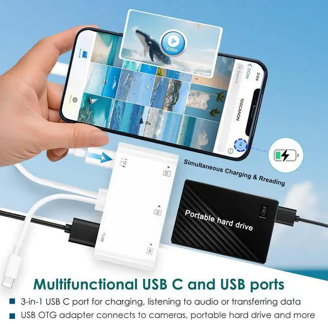 Alt view image 7 of 7 - USB C & Lighting to SD Card Reader for iPhone/iPad/Android, 7-in-1 Memory Card Adapter Supporting SD/MicroSD/CF/MS/XD Cards, USB OTG Camera Adapter with Portable Design, Fast Charging & Plug and Play