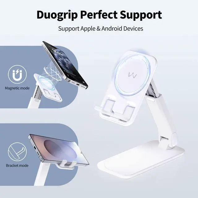 Alt view image 2 of 7 - Magnetic Cell Phone Stand for Desk, Angle and Height Adjustable Mobile Phone Holder, Foldable Magnet Stand for iPhone 17 16 15 14 13 12 Pro Max and iPad, Cell Phone Holder for Samsung, White