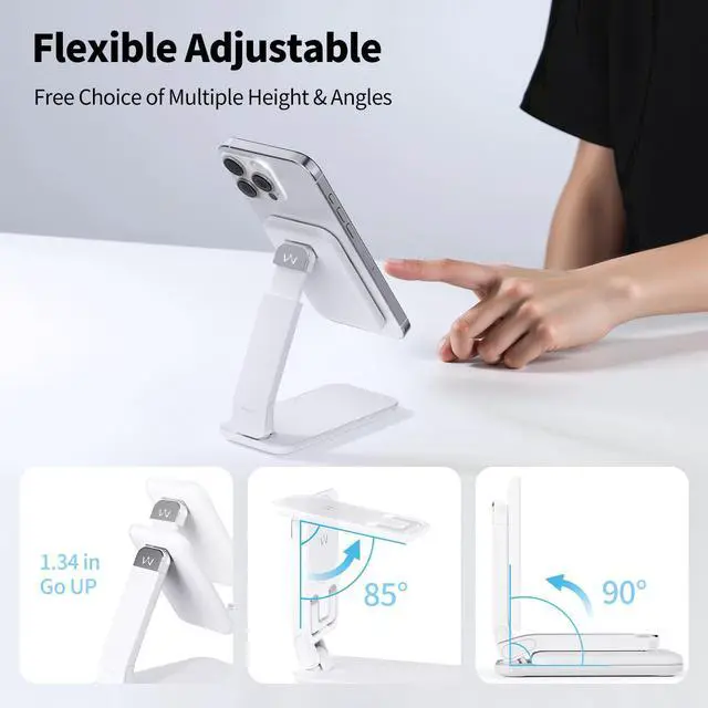 Alt view image 3 of 7 - Magnetic Cell Phone Stand for Desk, Angle and Height Adjustable Mobile Phone Holder, Foldable Magnet Stand for iPhone 17 16 15 14 13 12 Pro Max and iPad, Cell Phone Holder for Samsung, White