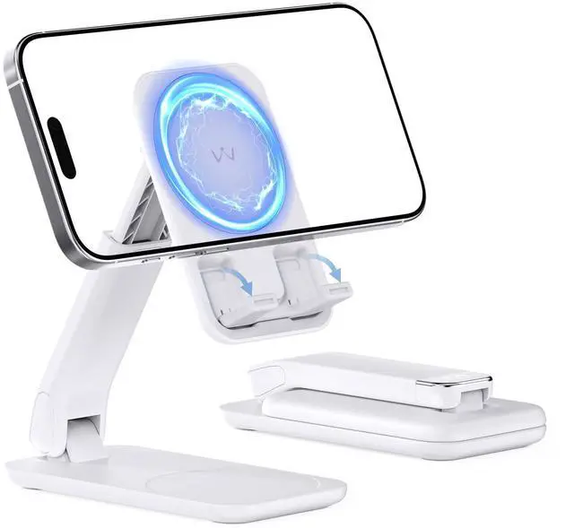 Main image of Magnetic Cell Phone Stand for Desk, Angle and Height Adjustable Mobile Phone Holder, Foldable Magnet Stand for iPhone 17 16 15 14 13 12 Pro Max and iPad, Cell Phone Holder for Samsung, White