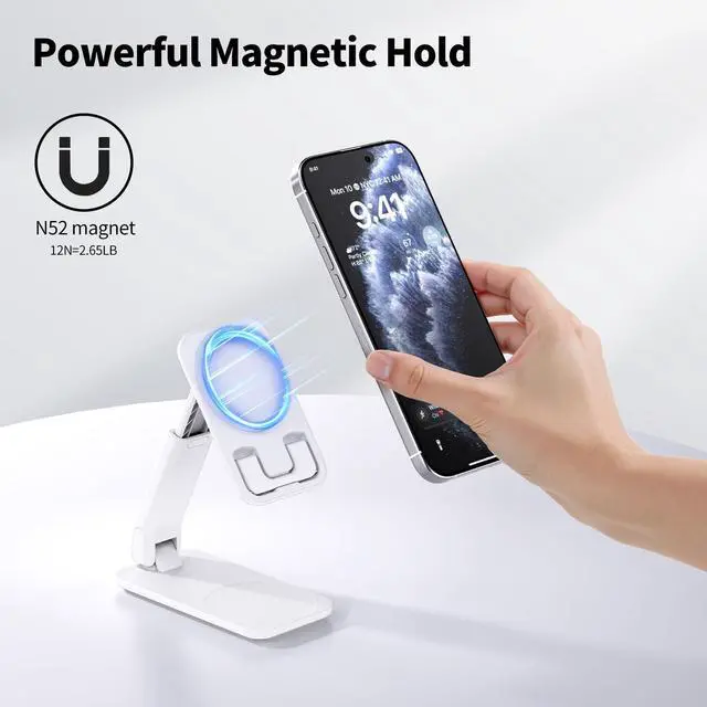 Alt view image 7 of 7 - Magnetic Cell Phone Stand for Desk, Angle and Height Adjustable Mobile Phone Holder, Foldable Magnet Stand for iPhone 17 16 15 14 13 12 Pro Max and iPad, Cell Phone Holder for Samsung, White