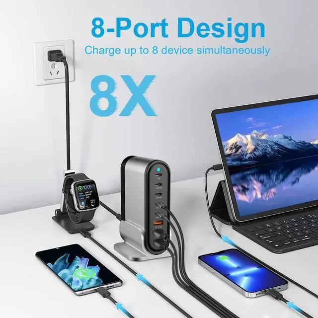 Alt view image 2 of 7 - USB C Fast Charger - 285W GaN 8 Port Fast Charging Station Tower Hub: Type C Charger Block Power Strip Adapter Plug for MacBook iPad iPhone 17/16/15/14/13/12 Pro Max Samsung Galaxy & More Smartphones