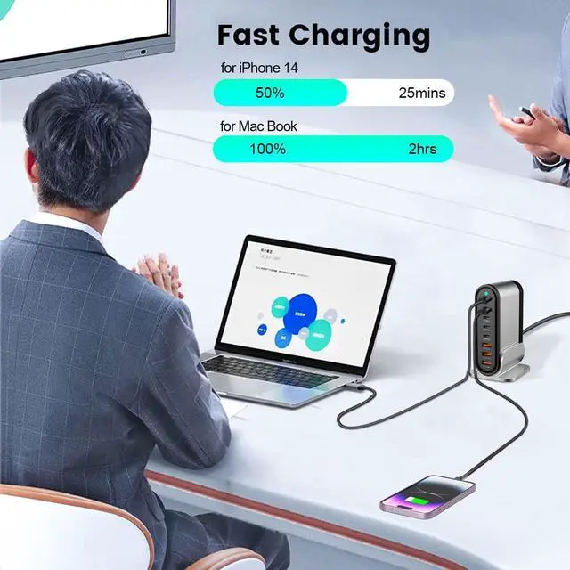 Alt view image 4 of 7 - USB C Fast Charger - 285W GaN 8 Port Fast Charging Station Tower Hub: Type C Charger Block Power Strip Adapter Plug for MacBook iPad iPhone 17/16/15/14/13/12 Pro Max Samsung Galaxy & More Smartphones