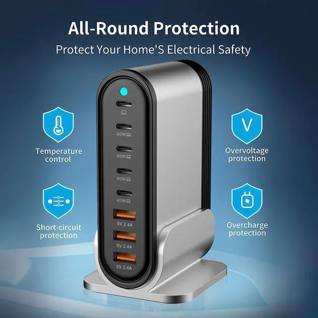 Alt view image 5 of 7 - USB C Fast Charger - 285W GaN 8 Port Fast Charging Station Tower Hub: Type C Charger Block Power Strip Adapter Plug for MacBook iPad iPhone 17/16/15/14/13/12 Pro Max Samsung Galaxy & More Smartphones