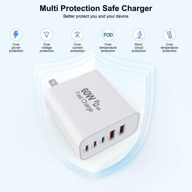 Alt view image 2 of 4 - 3 Pack Apple 17 Pro Max Charger Fast Charging,PD 60W 5 in 1 Multiport USB C Wall Charger Block Fast Charging, iPhone 16 Plug Cube Quick Charge for iPhone17 Air/16/16e/16 Pro/15Pro Max/14/13/12/11/iPad