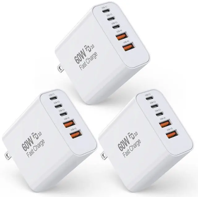 Main image of 3 Pack Apple 17 Pro Max Charger Fast Charging,PD 60W 5 in 1 Multiport USB C Wall Charger Block Fast Charging, iPhone 16 Plug Cube Quick Charge for iPhone17 Air/16/16e/16 Pro/15Pro Max/14/13/12/11/iPad