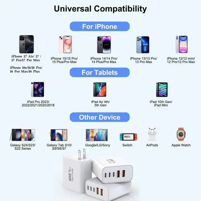 Alt view image 4 of 4 - 3 Pack Apple 17 Pro Max Charger Fast Charging,PD 60W 5 in 1 Multiport USB C Wall Charger Block Fast Charging, iPhone 16 Plug Cube Quick Charge for iPhone17 Air/16/16e/16 Pro/15Pro Max/14/13/12/11/iPad