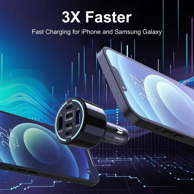 Alt view image 5 of 7 - 300W USB C Car Charger, 6 Ports (4 USB C + 2 USB A) - PD3.1 140W PPS 45W QC 60W Super Fast Charging Car Adapter for MacBook Laptop, iPhone 17 16 Pro Max, iPad, Galaxy S25/S24 Ultra etc