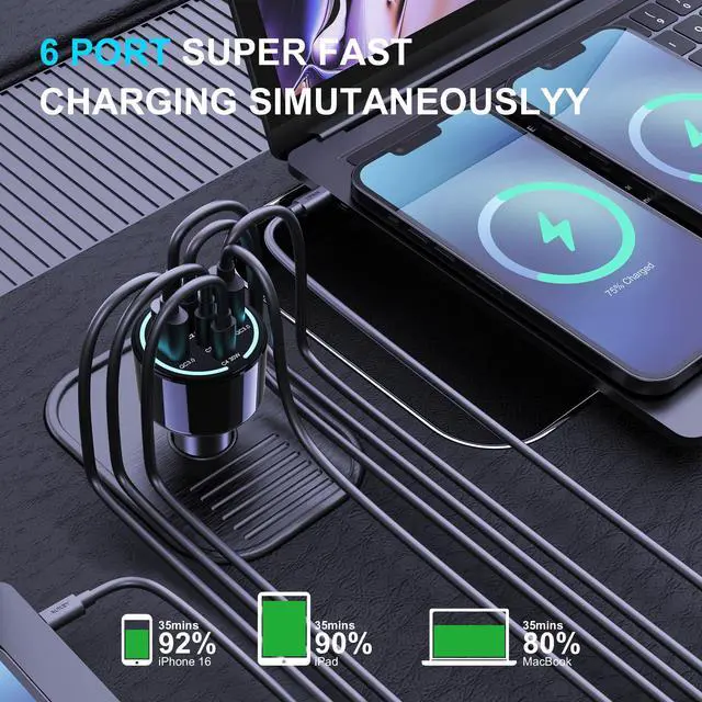 Alt view image 6 of 7 - 300W USB C Car Charger, 6 Ports (4 USB C + 2 USB A) - PD3.1 140W PPS 45W QC 60W Super Fast Charging Car Adapter for MacBook Laptop, iPhone 17 16 Pro Max, iPad, Galaxy S25/S24 Ultra etc