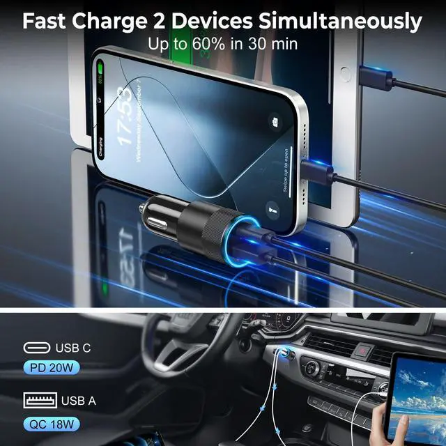 Alt view image 4 of 7 - Car Charger USB C 3-Pack, Ancekoy 38W Dual Port PD + QC 3.0 Car Charger Adapter Fast Charging Cigarette Lighter Adapter for iPhone 16 15 14 13 12 11 Pro Max, Samsung, Tablet