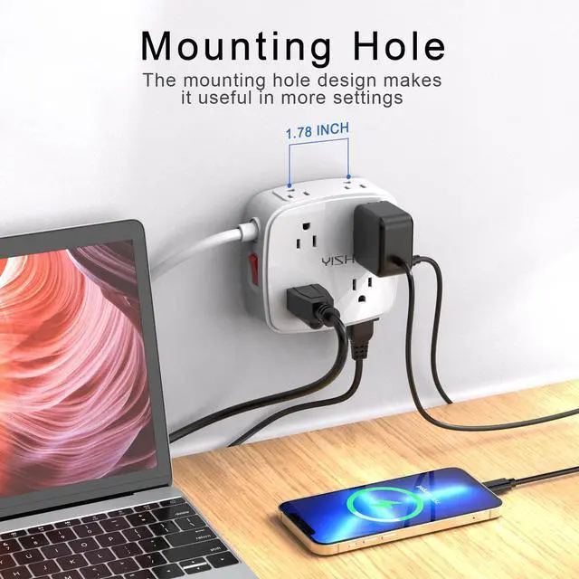 Alt view image 3 of 7 - 10 Ft Surge Protector Power Strip - 3 Side Outlet Extender with 8 Widely AC Outlets and 4 USB Ports, 10 Feet Extension Cord with Flat Plug, Wall Mount Desk USB Charging Station, ETL,White