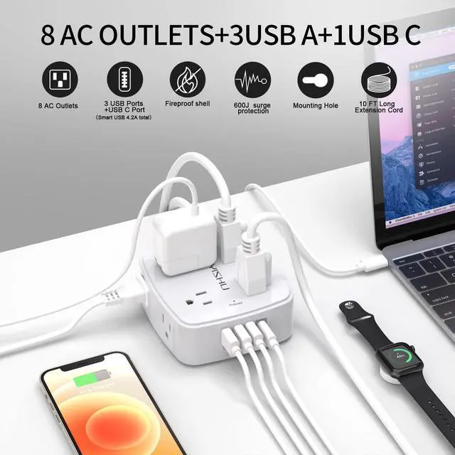 Alt view image 2 of 7 - 10 Ft Surge Protector Power Strip - 3 Side Outlet Extender with 8 Widely AC Outlets and 4 USB Ports, 10 Feet Extension Cord with Flat Plug, Wall Mount Desk USB Charging Station, ETL,White