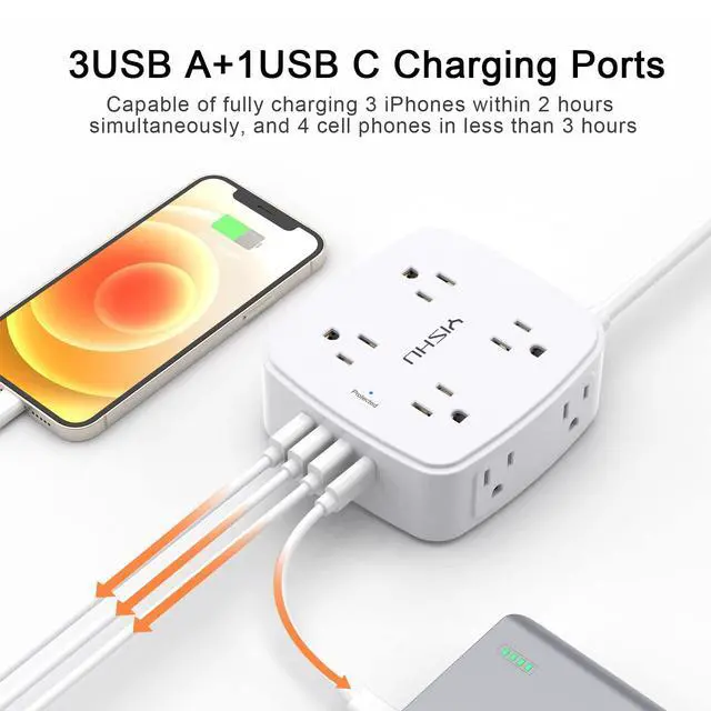 Alt view image 4 of 7 - 10 Ft Surge Protector Power Strip - 3 Side Outlet Extender with 8 Widely AC Outlets and 4 USB Ports, 10 Feet Extension Cord with Flat Plug, Wall Mount Desk USB Charging Station, ETL,White