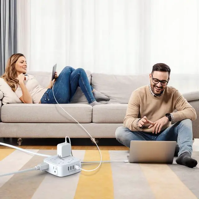 Alt view image 5 of 7 - 10 Ft Surge Protector Power Strip - 3 Side Outlet Extender with 8 Widely AC Outlets and 4 USB Ports, 10 Feet Extension Cord with Flat Plug, Wall Mount Desk USB Charging Station, ETL,White