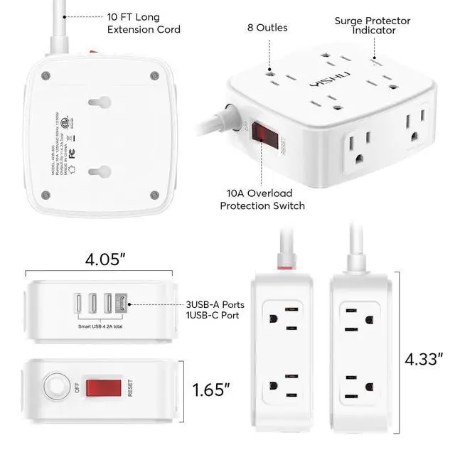 Alt view image 7 of 7 - 10 Ft Surge Protector Power Strip - 3 Side Outlet Extender with 8 Widely AC Outlets and 4 USB Ports, 10 Feet Extension Cord with Flat Plug, Wall Mount Desk USB Charging Station, ETL,White