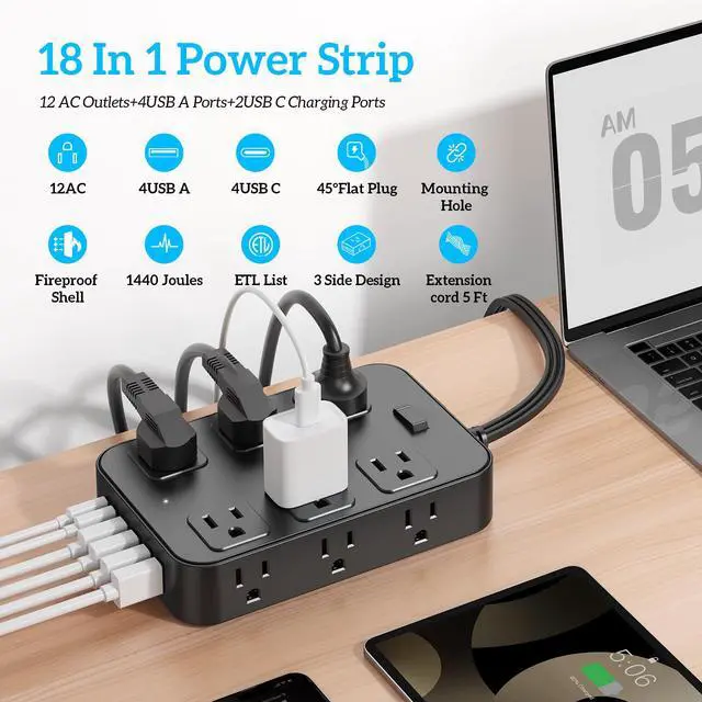 Alt view image 2 of 7 - Flat Plug Power Strip Surge Protector 5 Ft Extension Cord with 12 AC Outlets 6 USB Ports 3 Side Multi Plug Outlet Extender Home Office Kitchen Dorm Room Wall Desk Charging Station ETL Listed