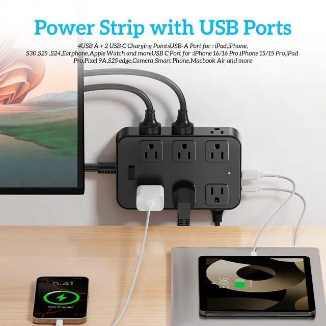 Alt view image 3 of 7 - Flat Plug Power Strip Surge Protector 5 Ft Extension Cord with 12 AC Outlets 6 USB Ports 3 Side Multi Plug Outlet Extender Home Office Kitchen Dorm Room Wall Desk Charging Station ETL Listed