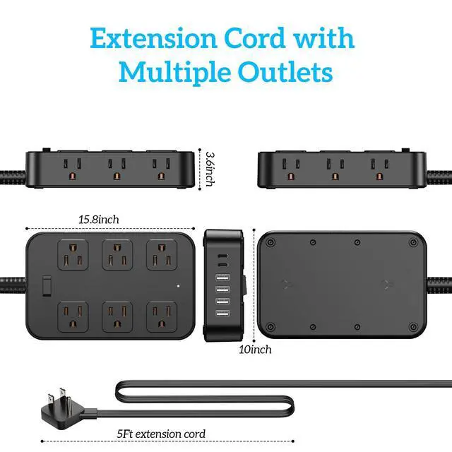 Alt view image 6 of 7 - Flat Plug Power Strip Surge Protector 5 Ft Extension Cord with 12 AC Outlets 6 USB Ports 3 Side Multi Plug Outlet Extender Home Office Kitchen Dorm Room Wall Desk Charging Station ETL Listed