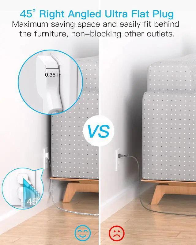 Alt view image 3 of 6 - Flat Plug Power Strip, 6ft Flat Extension Cord - 3 Outlets 4 USB Ports (2 USB C) 22.5W/4.5A Desktop Charging Station, Power Strip with Surge Protection for College Dorm Room Travel Essentials