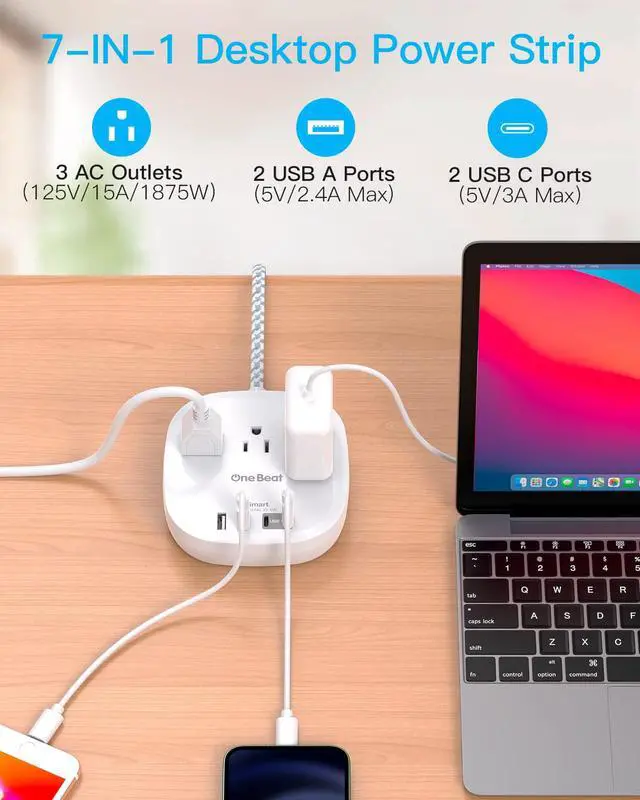Alt view image 4 of 6 - Flat Plug Power Strip, 6ft Flat Extension Cord - 3 Outlets 4 USB Ports (2 USB C) 22.5W/4.5A Desktop Charging Station, Power Strip with Surge Protection for College Dorm Room Travel Essentials