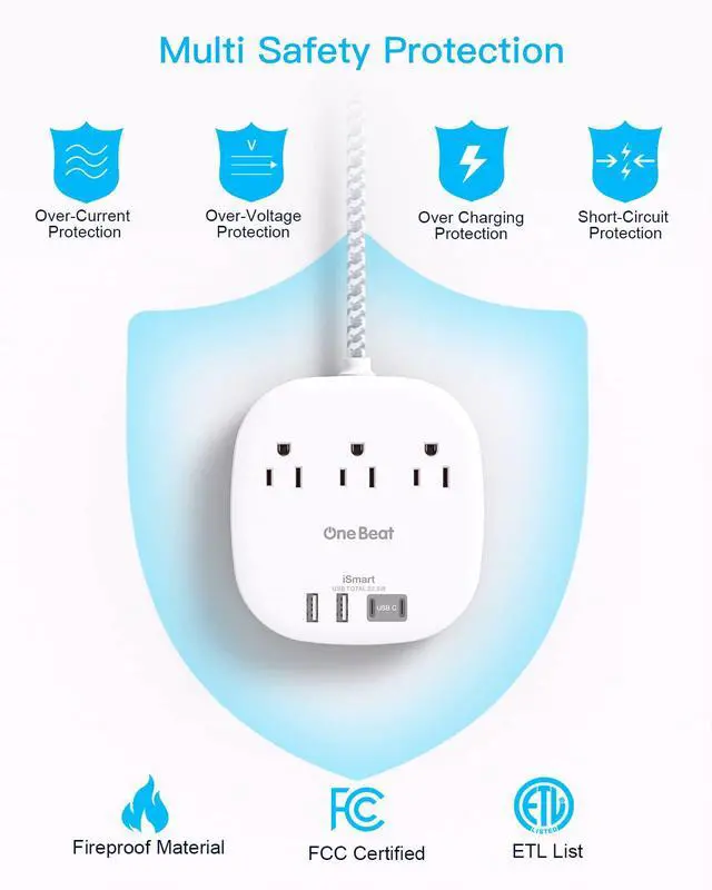 Alt view image 6 of 6 - Flat Plug Power Strip, 6ft Flat Extension Cord - 3 Outlets 4 USB Ports (2 USB C) 22.5W/4.5A Desktop Charging Station, Power Strip with Surge Protection for College Dorm Room Travel Essentials