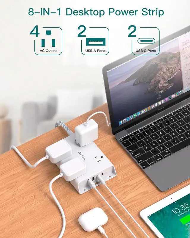 Alt view image 2 of 7 - Surge Protector Power Strip 10 ft, Addtam Flat Plug Extension Cord with 4 USB Wall Charger(2 USB C Port), 4 Widely Outlets Desk Charging Station, Home Office and College Dorm Room Essentials