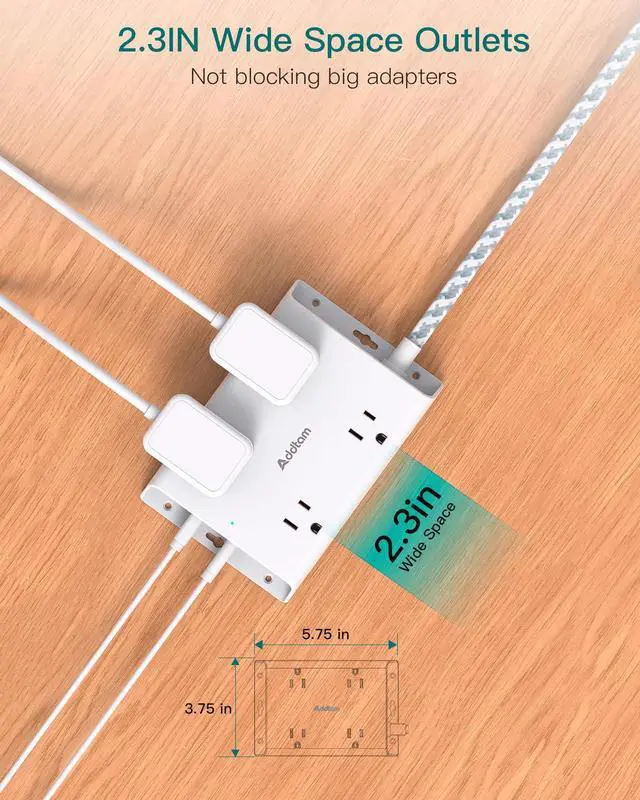 Alt view image 3 of 7 - Surge Protector Power Strip 10 ft, Addtam Flat Plug Extension Cord with 4 USB Wall Charger(2 USB C Port), 4 Widely Outlets Desk Charging Station, Home Office and College Dorm Room Essentials