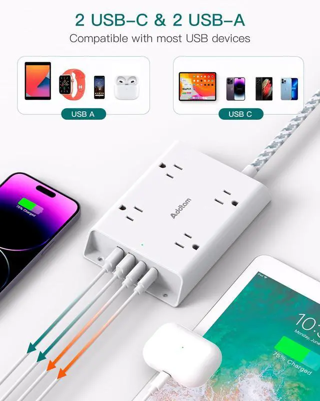 Alt view image 5 of 7 - Surge Protector Power Strip 10 ft, Addtam Flat Plug Extension Cord with 4 USB Wall Charger(2 USB C Port), 4 Widely Outlets Desk Charging Station, Home Office and College Dorm Room Essentials