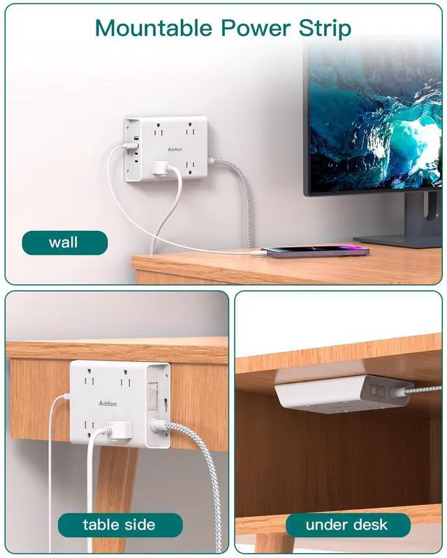 Alt view image 7 of 7 - Surge Protector Power Strip 10 ft, Addtam Flat Plug Extension Cord with 4 USB Wall Charger(2 USB C Port), 4 Widely Outlets Desk Charging Station, Home Office and College Dorm Room Essentials