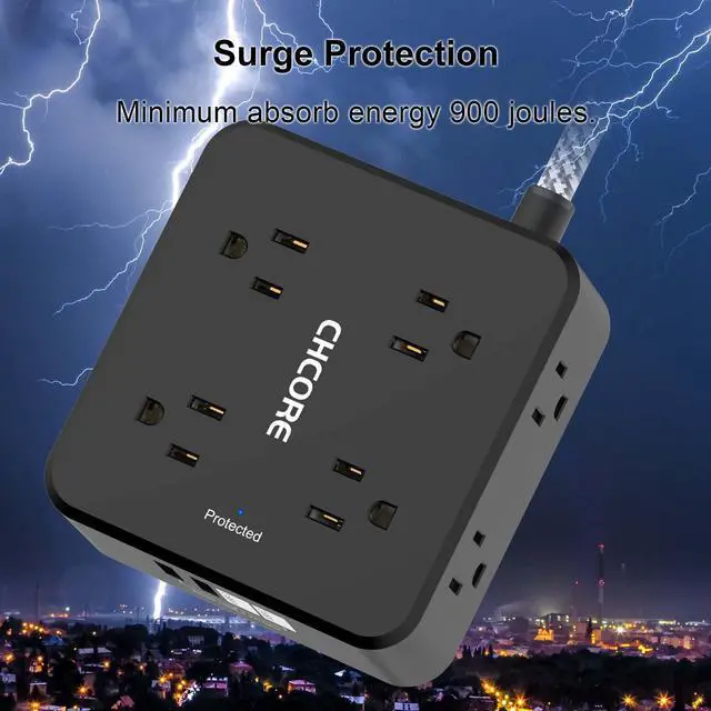 Alt view image 6 of 7 - Surge Protector Power Strip - CHCORE 6Ft Braided Extension Cord with 8 Outlets with 4 USB (2 USB C) Charging Ports, Flat Plug Multi Plug Outlet Extender Charging Station for Home Office, ETL, Black