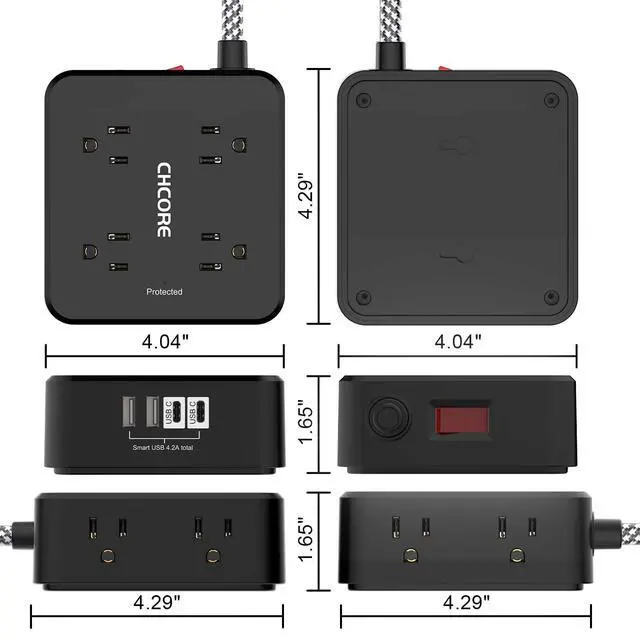 Alt view image 7 of 7 - Surge Protector Power Strip - CHCORE 6Ft Braided Extension Cord with 8 Outlets with 4 USB (2 USB C) Charging Ports, Flat Plug Multi Plug Outlet Extender Charging Station for Home Office, ETL, Black