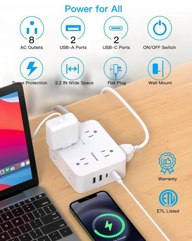 Alt view image 2 of 7 - 10 ft Extension Cord, 1080J Surge Protector Power Strip Long Cord with 8 AC Outlets and 4 USB Ports (2 USB-C), Wall Mount, Desk Charging Station for Home Office College Dorm Room Essentials