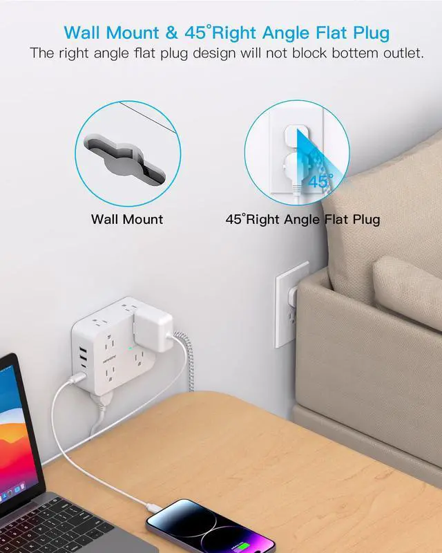 Alt view image 7 of 7 - 10 ft Extension Cord, 1080J Surge Protector Power Strip Long Cord with 8 AC Outlets and 4 USB Ports (2 USB-C), Wall Mount, Desk Charging Station for Home Office College Dorm Room Essentials