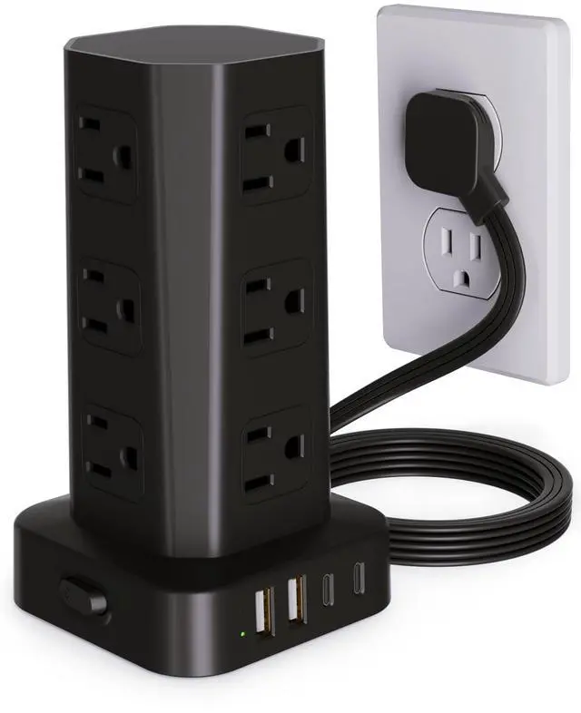 Main image of Power Strip Tower Surge Protector, 6FT Flat Plug Extension Cord with Multiple Outlets, 12 AC Outlets 4 USB (2 USB C), Desktop Charging Station with Surge Protection for Home Office Dorm Room, Black