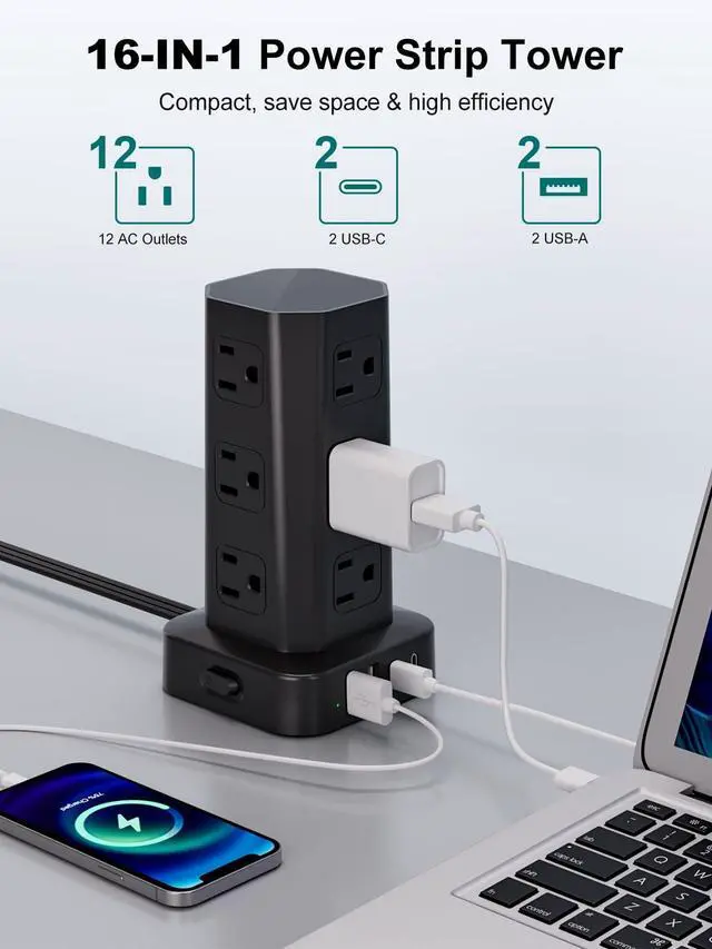Alt view image 2 of 7 - Power Strip Tower Surge Protector, 6FT Flat Plug Extension Cord with Multiple Outlets, 12 AC Outlets 4 USB (2 USB C), Desktop Charging Station with Surge Protection for Home Office Dorm Room, Black