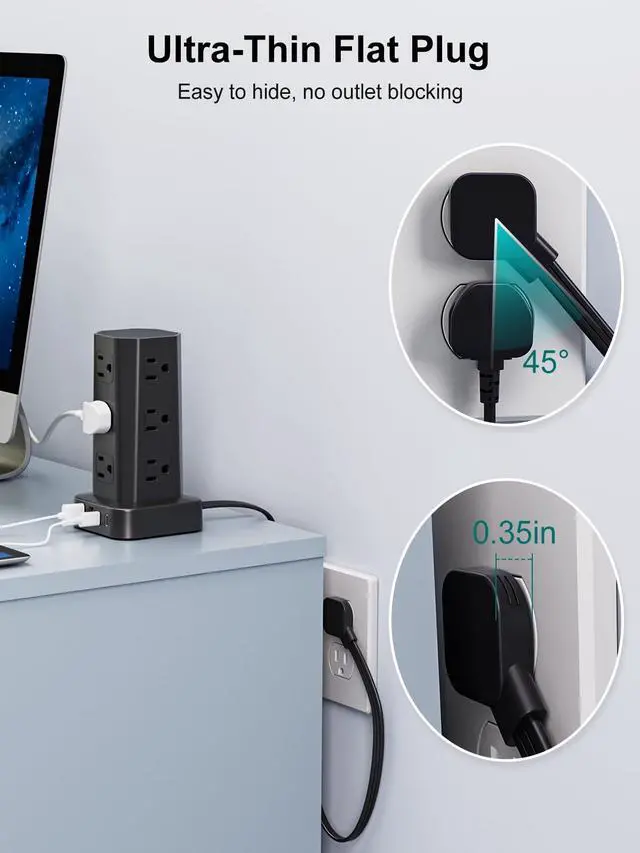 Alt view image 3 of 7 - Power Strip Tower Surge Protector, 6FT Flat Plug Extension Cord with Multiple Outlets, 12 AC Outlets 4 USB (2 USB C), Desktop Charging Station with Surge Protection for Home Office Dorm Room, Black