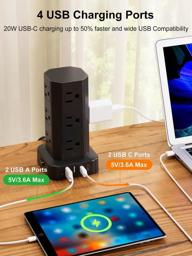 Alt view image 4 of 7 - Power Strip Tower Surge Protector, 6FT Flat Plug Extension Cord with Multiple Outlets, 12 AC Outlets 4 USB (2 USB C), Desktop Charging Station with Surge Protection for Home Office Dorm Room, Black