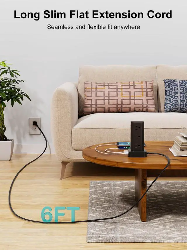 Alt view image 5 of 7 - Power Strip Tower Surge Protector, 6FT Flat Plug Extension Cord with Multiple Outlets, 12 AC Outlets 4 USB (2 USB C), Desktop Charging Station with Surge Protection for Home Office Dorm Room, Black