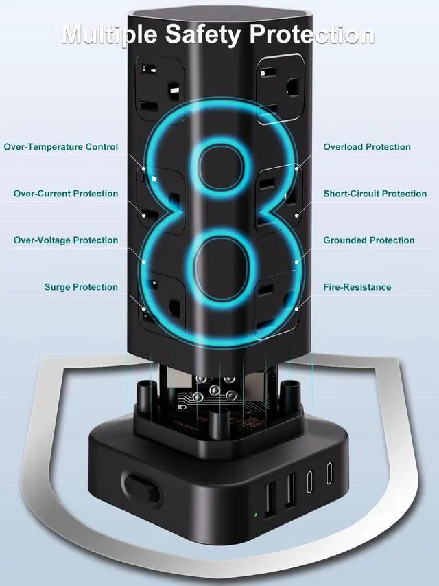 Alt view image 6 of 7 - Power Strip Tower Surge Protector, 6FT Flat Plug Extension Cord with Multiple Outlets, 12 AC Outlets 4 USB (2 USB C), Desktop Charging Station with Surge Protection for Home Office Dorm Room, Black
