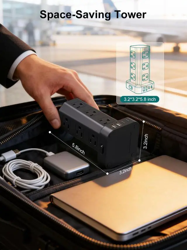 Alt view image 7 of 7 - Power Strip Tower Surge Protector, 6FT Flat Plug Extension Cord with Multiple Outlets, 12 AC Outlets 4 USB (2 USB C), Desktop Charging Station with Surge Protection for Home Office Dorm Room, Black