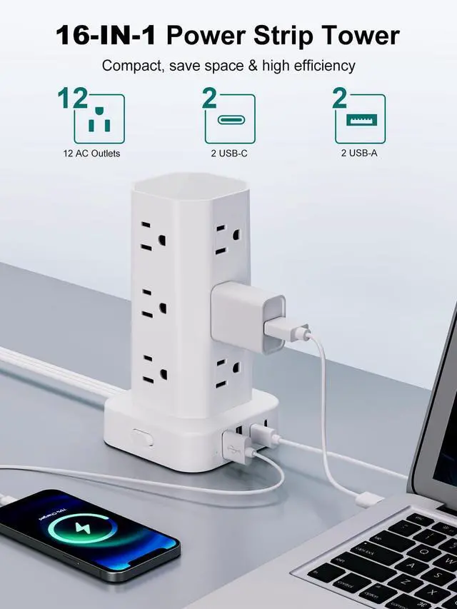 Alt view image 2 of 7 - Power Strip Tower Surge Protector, 6FT Flat Plug Extension Cord with Multiple Outlets, 12 AC Outlets 4 USB (2 USB C), Desktop Charging Station with Surge Protection for Home Office Dorm Room, White