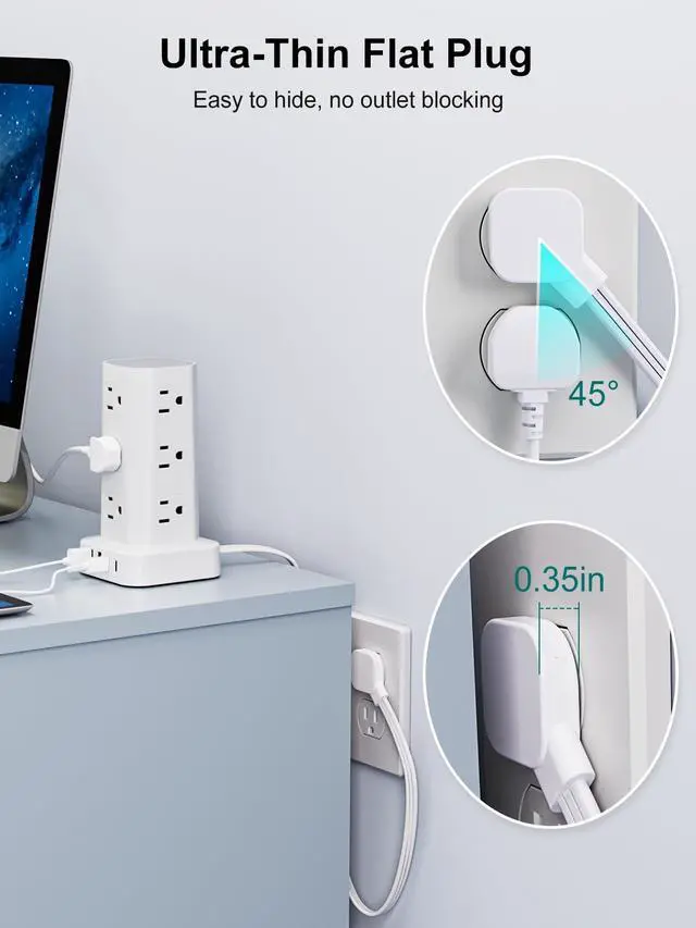 Alt view image 3 of 7 - Power Strip Tower Surge Protector, 6FT Flat Plug Extension Cord with Multiple Outlets, 12 AC Outlets 4 USB (2 USB C), Desktop Charging Station with Surge Protection for Home Office Dorm Room, White