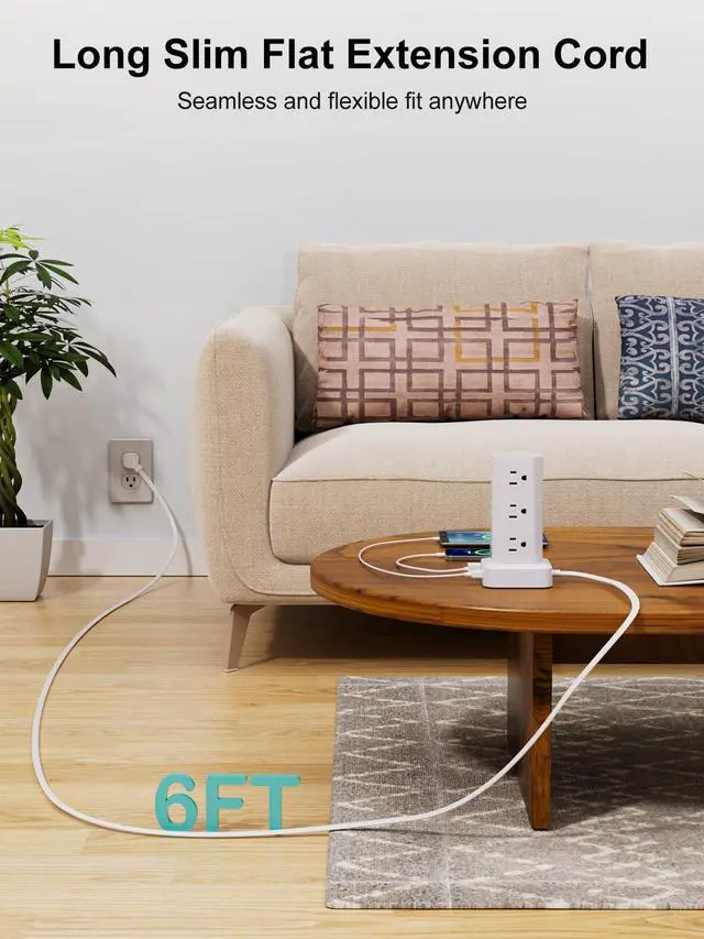 Alt view image 5 of 7 - Power Strip Tower Surge Protector, 6FT Flat Plug Extension Cord with Multiple Outlets, 12 AC Outlets 4 USB (2 USB C), Desktop Charging Station with Surge Protection for Home Office Dorm Room, White