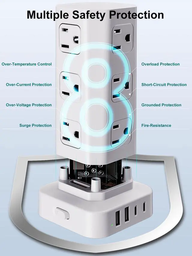 Alt view image 6 of 7 - Power Strip Tower Surge Protector, 6FT Flat Plug Extension Cord with Multiple Outlets, 12 AC Outlets 4 USB (2 USB C), Desktop Charging Station with Surge Protection for Home Office Dorm Room, White