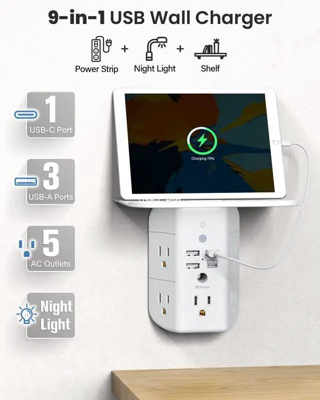 Alt view image 2 of 7 - Wall Outlet Extender with Shelf and Night Light, Surge Protector, Wall Mount Charger Multi Plug Expander with 5 AC Outlets and 3 USB A Ports 1 USB C, Wide Space 3-Sided Power Strip Multi Plug Outlets