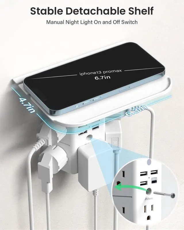 Alt view image 5 of 7 - Wall Outlet Extender with Shelf and Night Light, Surge Protector, Wall Mount Charger Multi Plug Expander with 5 AC Outlets and 3 USB A Ports 1 USB C, Wide Space 3-Sided Power Strip Multi Plug Outlets