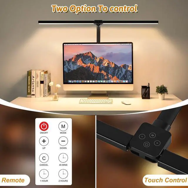 Alt view image 2 of 7 - LED Desk Lamp for Office Dorm Home - Eye Caring Desk Light with Timer, Remote Control 24W Brightest Dual Screen Computer Monitor Gooseneck Dimmable Table lamp with Anti-Glare Cover Clamp