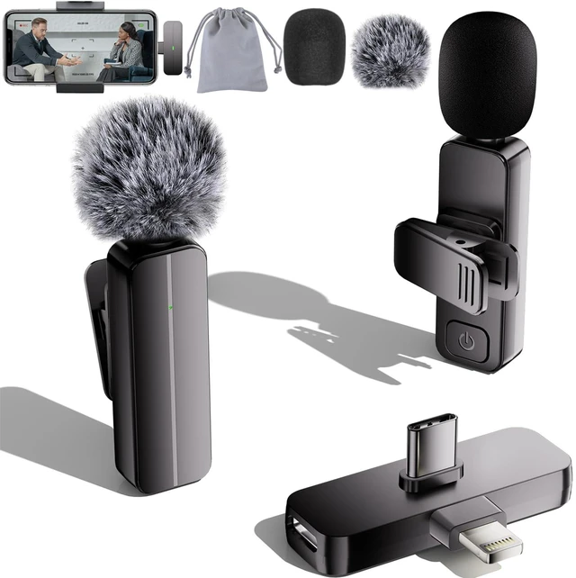 Main image of 2-Pack Wireless Mini Lavalier Microphone for iPhone,Android Phone - 65ft Cordless Clip on Mics with Noise Reduction 6H Working Time for Video Recording